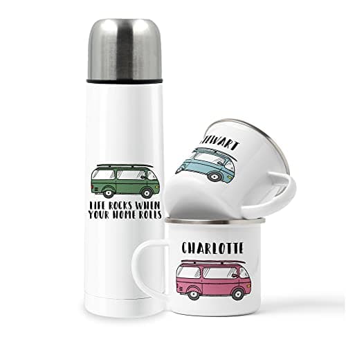 Personalised Campervan Enamel Mug Set - Travel & Adventure - Gift for Him or Her - Motorhome Mug Flask Set - Add Name and Text - Unique Custom Present
