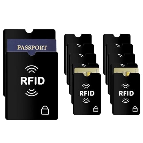 RFID Card Holder, 10 Pack RFID Blocking Sleeves for Credit Cards & 2 Pack Passport Protector Sleeves, Anti-Theft Signal Blocker Security Protection for Cards, Passport, Travel, Men and Women - Black