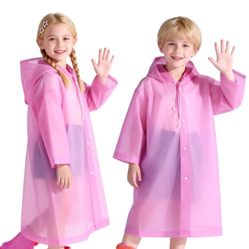 AropaeenGlowry 2pcs Kids Waterproof Rain Poncho with Hood & Sleeves - Reusable EVA Raincoat for Boys Girls, Camping & Travel, Pink