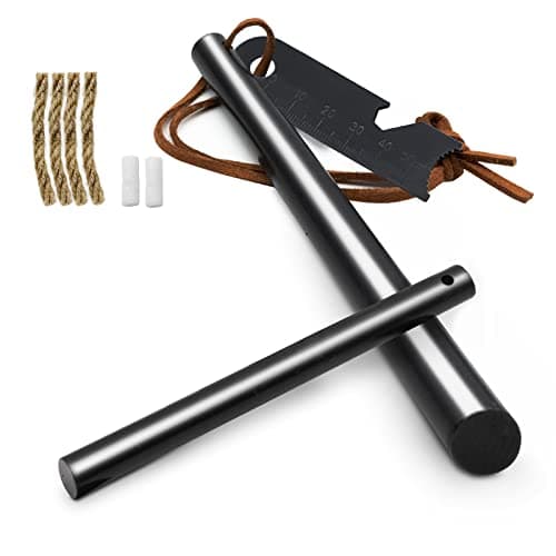 BCHARYA Round Solid Ferro Rod & Jumbo Tinder Rope, Survival Igniter with Neck Lanyard & Multi-Tool Striker Lanyard, Pocket Fire Bellow