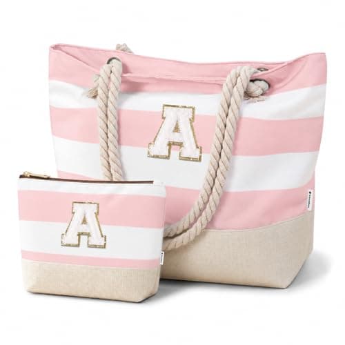 Vavabox Initial Beach Bag with Zip&Pockets, Personalised Gifts for Women(A)