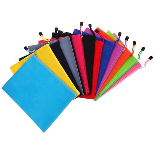 GLEAVI 12pcs Waterproof Canvas File Folder Zipper Document Pouch Large Capacity Portable File Holder for Office Document Storage, Students and Exam Papers Random Color