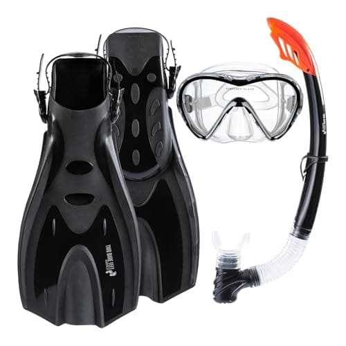 Two Bare Feet Adults 3 Piece Silicone Mask, Snorkel and Fins Diving Set, Anti Fog Anti Leak Snorkelling Set - Style 3 (Black, Standard Snorkel, L-XL)