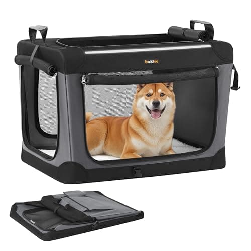Feandrea Collapsible Dog Crate, Portable Pet Travel Crate for Medium Dogs, 76.2 x 53.4 x 53.4 cm, Oxford Fabric Pet Carrier with Mesh Doors, Storage Pocket, Ink Black PDC017B01