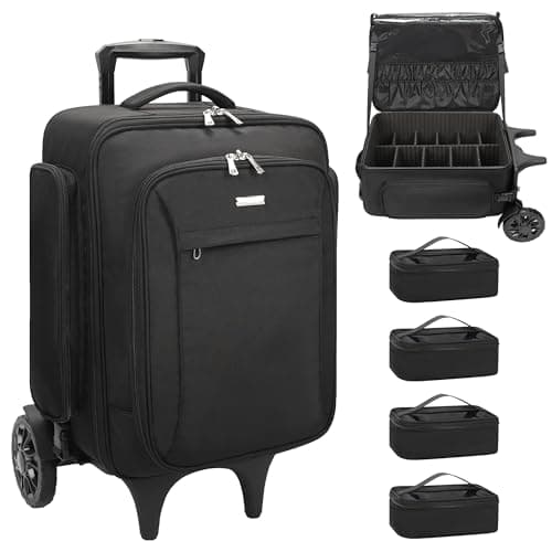 Relavel Rolling Makeup Train Case with 2 Big Wheels, Professional Makeup Artist Backpack with Adjustable Dividers & 4 Small Bags, Portable Make Up Travel Organizer Makeup Case for Daily Use, Black
