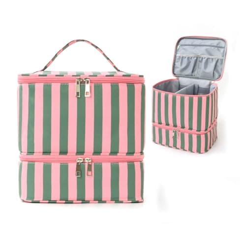 Nail Polish Organizer, Preppy Nail Organizers and Storage Holds 30 Bottles Nail Polish & Nail Lamp, 2 Layers Stripe Nail Supplies Kit Organizer, Nail Kit Bag for Nail Stuff & Manicure Tools (Style-A)