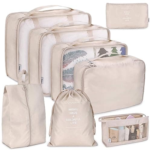 Packing Cubes for Suitcase 8 Pcs Waterproof Travel Cubes Foldable Luggage Storage Bag Lightweight Luggage Packing Organizers Travel Essentials (Beige)