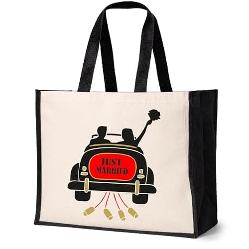 Print4U Just Married Large Canvas Tote Bag Bride Wedding Gift Bridal Bag Natural