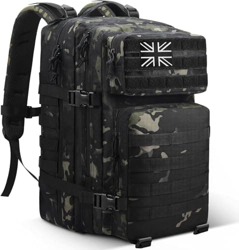Panavage | Military Tactical Backpack 45L | Waterproof Rucksack with MOLLE, Laptop Compartment | 3-Day Assault Pack for Hiking, Camping, Hunting | Unisex (Black Camo)