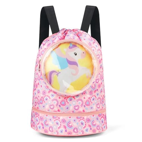 Alaoo Drawstring Bag for Kids, Waterproof Swimming Backpack with Wide Straps Swimming Beach Backpack with Zippered Pocket for Girls, Kids Sports, Gym, and Yoga(Unicorn)