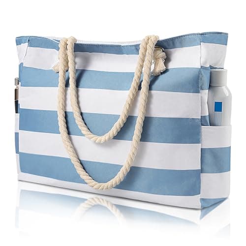 Large Beach Bags for Women - Waterproof Tote Measures 16"x14"x5.2" for ample storage; Features multiple pockets, compact foldable design for beach, travel, sports, pool, shopping and daily use. Blue