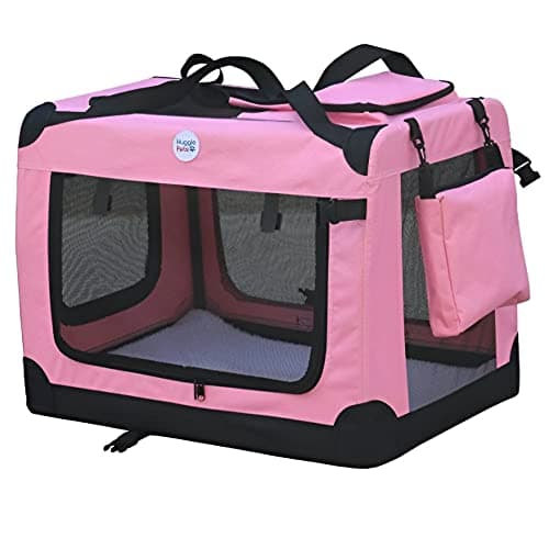 HugglePets Foldable Fabric Pet Crate Carrier - Pink (Small 50 x 34cm) Lightweight & Ventilated Double Door Carrier for Dogs & Cats with Sheepskin Mat. Ideal for Home & Travel.