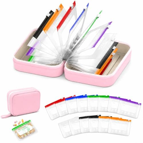 A8 Waterproof Pill Organiser Set with 14 Colour-Coded Pill Pouches, 7–14 Day Travel Medicine Organiser, Weekly Tablet Organizer Case with Reusable Binder Design for Vitamins, Supplements, Daily Use