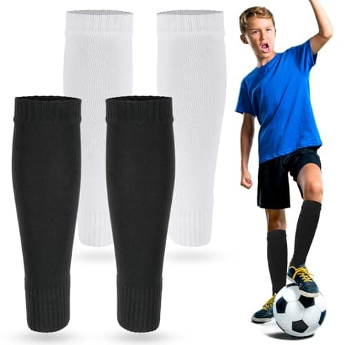 Tyqour 2 Pairs Football Sock Sleeve for Youth Boys Footless Football Socks Shin Compression Leg Sleeves for Shin Guard Sleeves for Age 7-14 Children Basketball Training (White, Black)