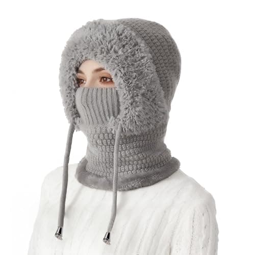 Ashloter 3 in 1 Beanie Hat for Women, 3in1 Thermal Winter Balaclava Knitted Hood with Scarf and Face Mask, Windproof Warm for Outdoor Skiing Hiking Running Skiing Cycling Ladis Men Grey