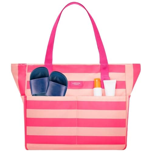 LARKSON Beach Bag Women & Men Pink - Linn - Large Tote Bag With Compartments For Beach, Pool, Holiday - With Zipper - Lightweight