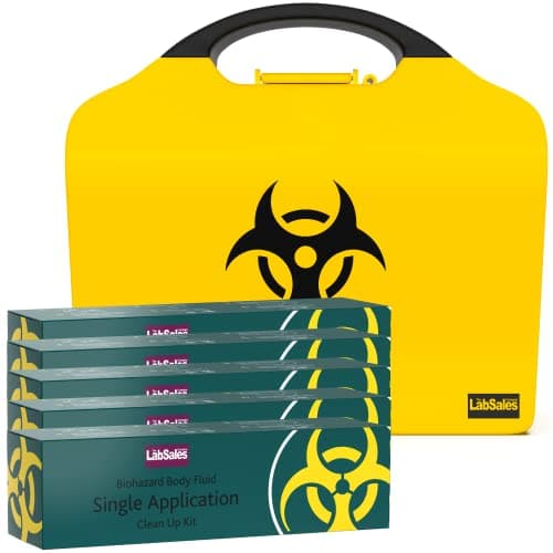 Labsales Wall Mountable Biohazard Spill Clean up kit, Body Fluid Emergency Kit for Vomit, Blood, Sick Urine and Mucus, Bright Stand Out Case Made from 100% Recycled Plastic, Case of 5 Kits