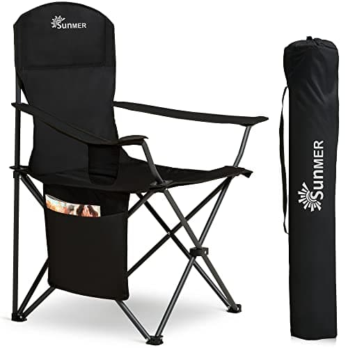 SUNMER Folding Camping Chairs, Extra Wide Lightweight Outdoor Chairs with Armrests and Cup Holder, 120 kg Capacity - Black