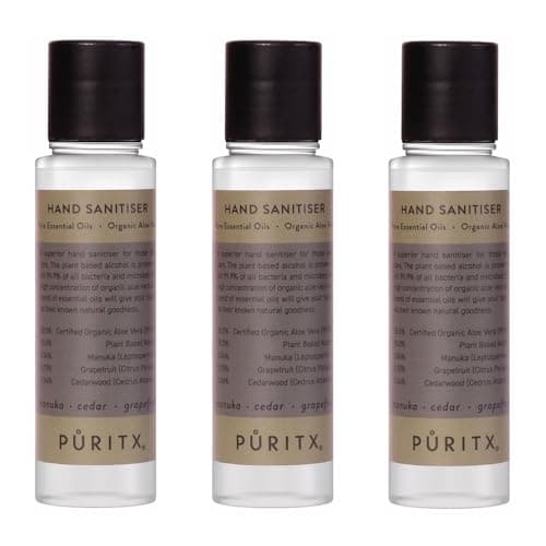 Puritx Set of 3 Organic Manuka, Cedar & Grapefruit Essential Oils & Aloe Vera Vegan Hand Sanitiser 60ml Travel Size