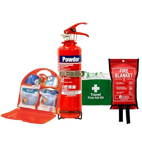 Fire Safety Pack For Home, Flat, Kitchen and Caravans, 1kg ABC Powder Fire Extinguisher, 1m x 1m Fire Blanket, First Aid Kit and Burns Kit | 4 Piece Safety Kit