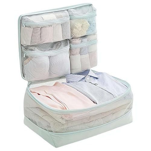 5-in-1 Compression Packing Cube – Hanging Luggage Organizer with 4 Compartments for Clothes & Underwear, Machine Washable Travel Suitcase Accessories,Space-Saving Travel Essentials,17.7x12.6” (Green)