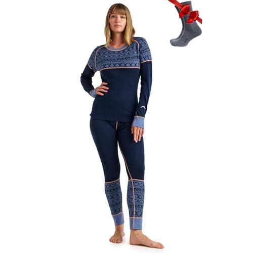 100% Merino Wool Base Layer Womens Set - Thermal Underwear Womens + Socks (Medium, 250 Nordic Tale Berry)