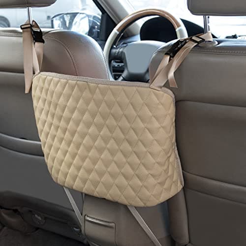 Car Organizers and Storage Purse Holder, Large Capacity Car Net Pocket Handbag Holder, Automotive Consoles & Backseat Organizer, Leather Back Seat Bag Between Car Front Seats, Beige