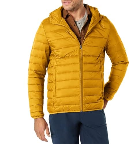 Amazon Essentials Men's Lightweight Water-Resistant Packable Hooded Puffer Jacket, Caramel, L
