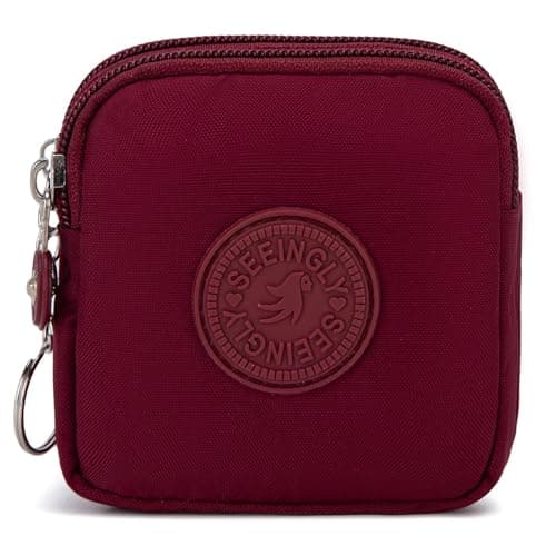 HYJMA Compact Coin Purse for Women, Waterproof Nylon Change Pouch with 2 Zipper Layers (Burgundy)