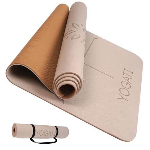 YOGATI Yoga Mat with Alignment Lines. Yoga Mats with carry strap perfect for Pilates and Fitness Workout, Eco Friendly Non Slip Thick Yoga Mats for women and men - Yoga Matt. (Brown)