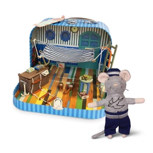 Mouse Mansion To Go – Sailor's Cabin DIY Dollhouse in a Suitcase & Grandpa Sailor 12 CM Plush Mouse | Wooden Furniture, Handmade hammock and metal mini bucket and binoculars | Craft Kit