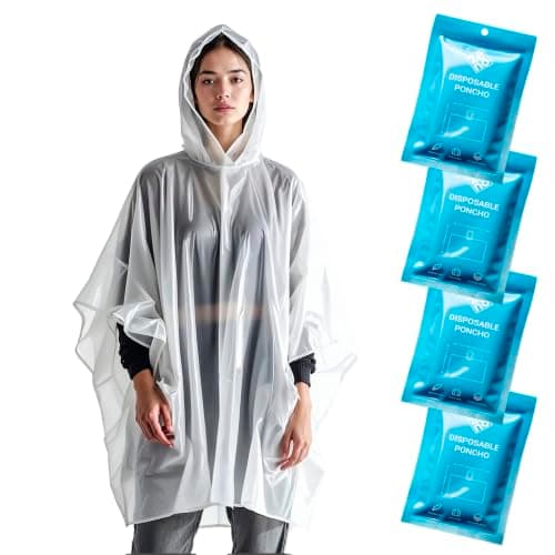 ZENO Rain Poncho Waterproof Adult - Festival Poncho - Waterproof, Disposable, Clear with Hood - Emergency Rain coat for Hiking, Cycling, Camping, Concert - Pack of 4