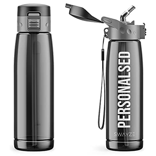 Swayze Personalised Water Bottle With Straw 660ml, School Water Bottles Boys Girls, Gym Bottle Bpa Free Cycling Sports Add Your Custom Text To Bottle (Black)