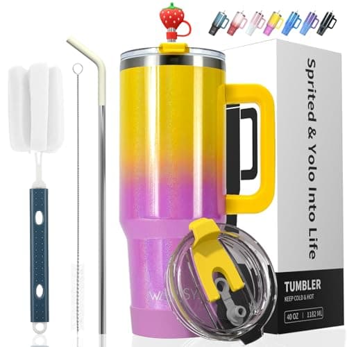 WATERSY Travel Mug Coffee Cup 30oz Tumbler Straw Lid and Handle, Stainless Steel Double Wall Vacuum Insulated Coffee Water Bottle Thermal for Cold Hot Coffee 891ml Shiny Yellow