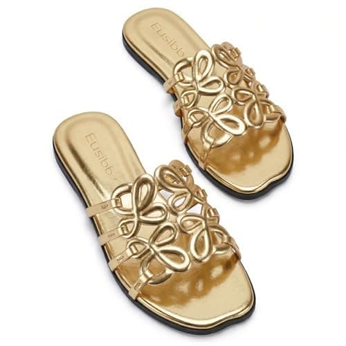 Eusibb White Flat Sandals for Women 2026 Luxury Open Toe Dressy Slip On Sandals Comfortable Slides for Summer, Gold-flats, 8 UK