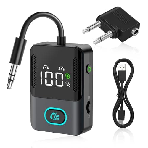 Bluetooth 5.3 Transmitter Receiver, 2-in-1 Airplane Wireless Bluetooth with LED Display, Compatible with 2 AirPods or Wireless Headphones, 3.5mm Aux Audio Jack, for Flight/TV/PC/Car/Speaker/Gym
