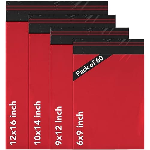 ISOUL 60 Mixed Size Red Mailing Bags, Self Seal 4 Size Strong Waterproof Poly Plastic Envelopes for Parcels, Packaging, Small, Medium, Large Mail, Shipping Delivery Bags