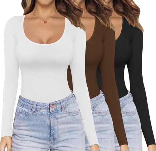 Ekouaer Womens Long Sleeve Tops 1&3 Pack Basic Scoop Neck Thermal T Shirt, 3pcs Black + Brown + White, M