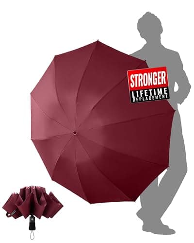 Chakipee Travel Windproof Strong Compact Umbrella - 10 Ribs Red Portable Umbrella for Men and Women - Inverted Folding Automatic Umbrellas for Wind and Rain, 210T Fabric 105cm Span