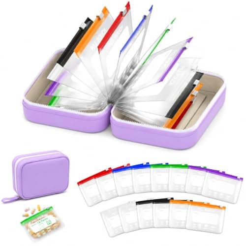 A8 Waterproof Pill Organiser Set with 14 Colour-Coded Pill Pouches, 7–14 Day Travel Medicine Organiser, Weekly Tablet Organizer Case with Reusable Binder Design for Vitamins, Supplements, Daily Use