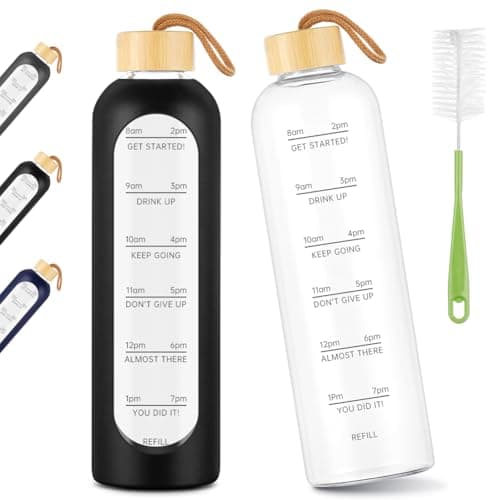 AOOWU Glass Water Bottle with Time Marker, 1000ml Leak-proof Sports Glass Water Bottle with Bamboo Lid, Sports Drinking Bottle, Reusable Silicone Case Glass Drinking Bottle, Motivational Water Bottle