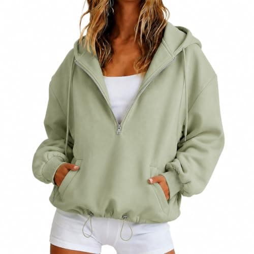 Half Zip Hoodie Oversized Women UK Drawstring Hood Kangaroo Pocket Quarter Zip Casual Pullover Loungewear Long Sleeve Soft Hooded Top for Daily Walking Camping Weekend Light Green