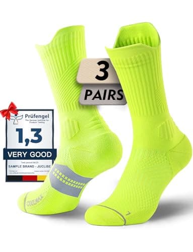 Juclise Compression Running Crew Socks Coolmax Bamboo Moisture Wicking Cushioned Anti-Blister Walking Hiking Tennis sports trainer gym golf support Neon Green 8-12
