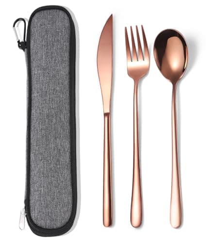 AARAINBOW Stainless Steel Cutlery Set for 1, 3 Pieces Knife Fork Spoon Set with Case. Reusable Flatware Set for Camping, Travel, Work, and Outdoor Activities, Dishwasher Safe (Rose Gold)