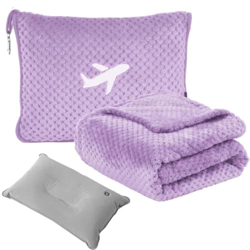 Nenolix 3 in 1 Travel Pillow and Blanket Set - 280 GSM Travel Blanket Airplane Compact with Bag, Inflatable Travel Pillow, Packable Airplane Blanket, Luggage Sleeve & Backpack Clip (Light Purple)