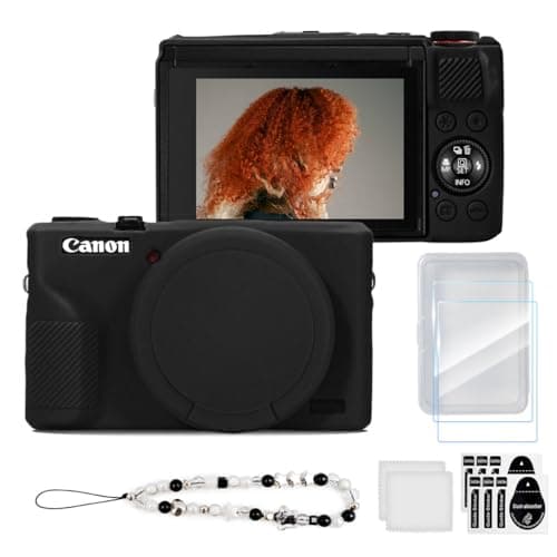 TYUANDOUER Case & Screen Protector Kit for Canon PowerShot G7X Mark III, Soft Silicone Protective Case, Anti-Scratch Grip Cover with Bracelet-Style Wrist Strap & Lens Cover, Lightweight - Black