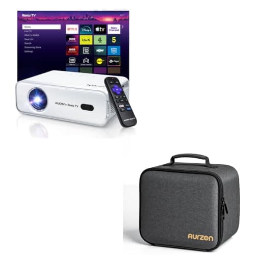 Aurzen Roku TV Smart Projector Bundle with Travel Carrying Case, 1080P FHD, Dolby Audio, Auto Focus & Keystone, Protective Pouch for Bedroom, Outdoor & Travel