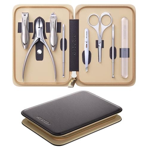 MR.GREEN 8-in-1 Manicure & Pedicure Set – Professional German Stainless Steel Nail Clippers Grooming Kit with Splash-Proof Nail Clipper & Real Leather Travel Case (Chestnut Brown)