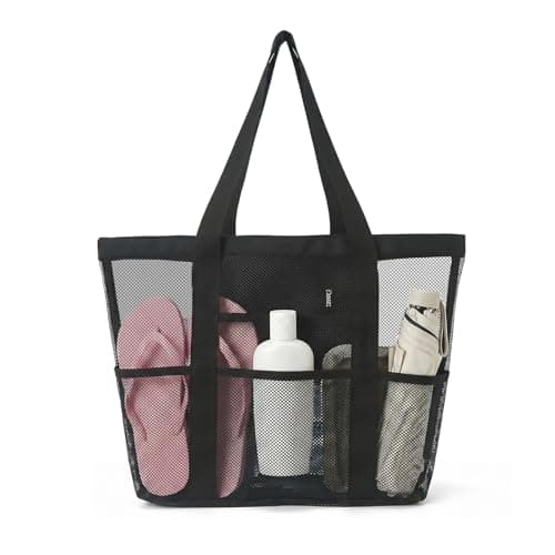flintronic Women's Mesh Beach Bag, Large Tote Bag, Lightweight Pool Bag with 8 Pockets, Foldable Travel Bag for Swimming, Picnic, Gym, Shopping and Daily Use (44×34×12cm)