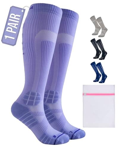 360 RELIEF 1 Pair Compression Socks for Women & Men - 15-20 mmHg, Enhanced Cushioned Fit, Soft & Breathable for Sports, Travel, Running, Pregnancy, S/M, Purple + Laundry Bag